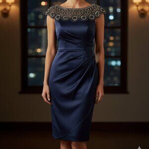Xscape Stunning Navy Blue Beaded Neckline Evening Gown / Cocktail Dress